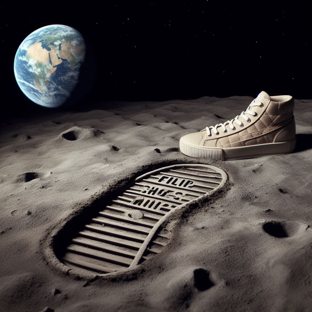 Image sur la lune avec en fond la terre et une chaussures et une empreinte Filip Shoes